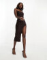 NaaNaa bandeau ruched midi dress with side slit in chocolate brown