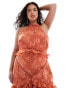 Фото #3 товара ASOS DESIGN Curve lace insert jacquard halter tiered maxi dress with circle trim in rust