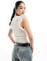 ASOS DESIGN knitted top in mixed stitch with woven frill detail in cream