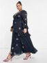 Фото #3 товара ASOS DESIGN Curve shirred waist button through midi tea dress with all over embroidery in charcoal and purple