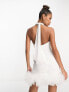 Фото #4 товара ASOS LUXE halter neck ruched mini dress with tulle hem in white