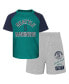 ფოტო #2 პროდუქტის Infant Boys and Girls Aqua and Heather Gray Seattle Mariners Ground Out Baller Raglan T-shirt and Shorts Set