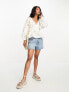 ASOS DESIGN kimono sleeve broderie top with tie waist in white