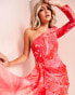 Фото #4 товара ASOS LUXE exaggerated shoulder ruched front drape mini dress in pink swirl print