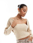 Фото #1 товара Pieces relaxed knitted bolero co-ord in cream melange