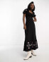 Фото #2 товара Miss Selfridge shirred bodice maxi dress with embroidered puff sleeve detail in black