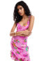 Фото #3 товара ASOS DESIGN satin burnout cami dress with asymmetric frill hem in bright pink floral