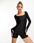 Фото #2 товара ASOS DESIGN glossy unitard playsuit with thumb holes in black