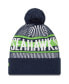 Фото #2 товара Men's College Navy Seattle Seahawks Striped Cuffed Knit Hat with Pom