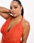 Фото #4 товара ASOS DESIGN Curve plunge halter cowl back plisse maxi dress in orange