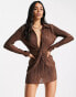 Фото #1 товара Missyempire exclusive plisse wrap front long sleeve mini dress in chocolate