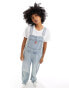 Фото #4 товара Monki denim dungarees with strawberry embriodery in tinted dirty wash blue