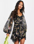 ASOS DESIGN ruched puff sleeve mini dress in black based floral