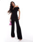 ASOS DESIGN ruched bardot jumpsuit with front cut out in black