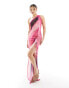 Murci exclusive one shoulder maxi dress in pink and purple abstract print