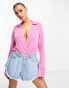 Фото #1 товара ASOS DESIGN slinky shirt bodysuit with plunge neck in pink