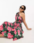 Moon River one shoulder tiered midi dress in black and pink floral Schwarz-Bunt, XS - фото #1