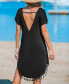 Фото #2 товара Women's Black Round Neck Short Sleeve Tassel Hem Mini Beach Dress