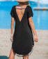 Women's Black Round Neck Short Sleeve Tassel Hem Mini Beach Dress