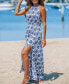 Women's Blue & White Ornate Halterneck Maxi Beach Dress