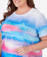 Plus Size Paradise Island Short Sleeve Watercolor Stripe Top with Side Ruching