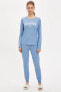 Kadın Blue Slogan Baskılı Uzun Kollu Pijama Takımı S5019AZ20AU