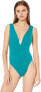 Фото #1 товара Trina Turk 170533 Womens Wrap Front One Piece Swimsuit Solid Turquoise Size 10