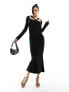 ASOS DESIGN long sleeve square neck midi dress with knot front in black