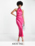 ASOS DESIGN Tall – Midikleid in Pink mit Wasserfallausschnitt und Wickel-Taillenband