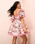 Фото #2 товара ASOS LUXE floral jacquard off shoulder puff sleeve mini skater dress with organza trim in pink floral