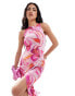 Flounce London knot front split leg maxi dress in pink blur print