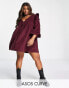 Фото #2 товара ASOS DESIGN Curve cord mini smock dress with ruffle shoulder in dark berry