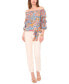 Фото #3 товара Women's Printed Off The Shoulder Bubble Sleeve Tie Front Blouse
