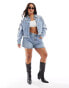 In The Style Plus silver foil detail crop denim jacket in light blue