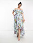 Фото #2 товара ASOS DESIGN Curve ruffle cut out off the shoulder maxi dress with hi low hem in blue floral print