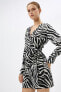 Kadın Zebra Desenli Mini Anvelop Uzun Kollu V Yaka Elbise 4WAK80023PW