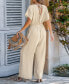 Women's Khaki V-Neck Short Sleeve Straight Leg Jumpsuit