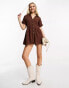 Фото #8 товара Miss Selfridge double cloth button through shirt playsuit in brown