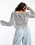 ASOS DESIGN metallic open knit slash knit top with angel sleeves in silver