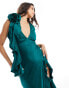 Love Triangle satin plunge maxi dress with corsage in emerald green