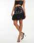 ASOS DESIGN embellished mini skirt with feather hem in black and silver sequin