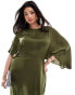 Фото #3 товара ASOS DESIGN Curve satin flutter sleeve asymmetric hem midi dress in olive green