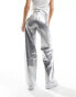 Фото #4 товара Bershka cracked faux leather straight leg trousers in gunmetal silver