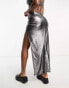 ASOS DESIGN asymmetric ruched side maxi beach skirt co-ord in metallic silver plisse Серебристый, US 10 - фото #4