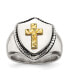 Stainless Steel 14k Gold Accent Antiqued Cross on Shield Ring