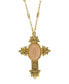 ფოტო #1 პროდუქტის 14K Gold Dipped Oval Semi Precious Genuine Rose Quartz Cross Necklace