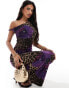 Фото #1 товара Kaiia exclusive slinky twist off shoulder bodycon maxi dress with mesh overlayer in purple and leopard print