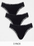 Фото #1 товара ASOS DESIGN 3 pack cotton & lace trim high rise malibu thong in black