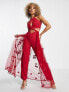 Starlet cut-out embroidered jumpsuit with detachable overlay in red