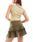 COLLUSION cotton crinkle flippy mini skirt with ribbon detail in washed khaki